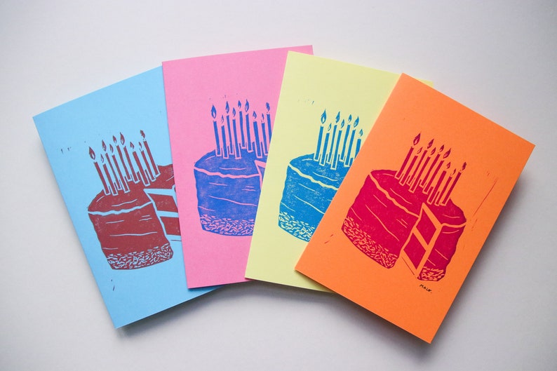 Double linocut postcard Birthday cake image 8