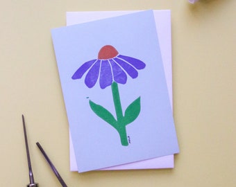 Carte postale simple linogravure "Fleur violette et orange"