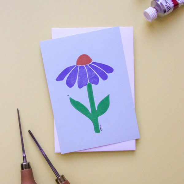 Carte postale simple linogravure "Fleur violette et orange"