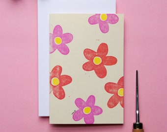 Carte double linogravure "Fleurs printanières" fond beige
