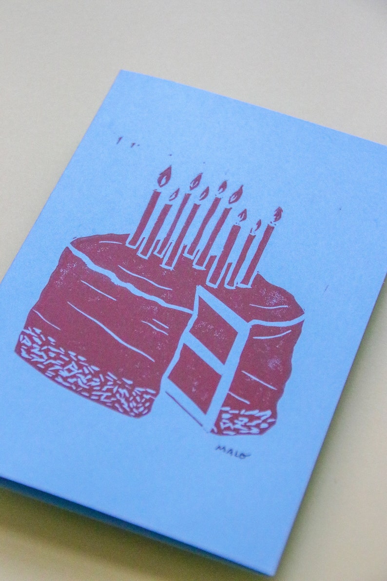 Double linocut postcard Birthday cake image 6