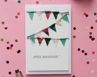Carte postale double, message "Joyeux anniversaire", fanions en masking tape fuschia, parme et vert