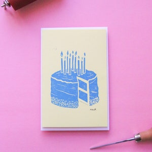 Double linocut postcard Birthday cake Yellow