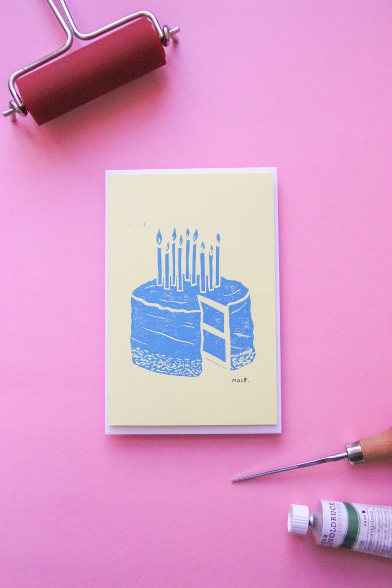 Double linocut postcard Birthday cake Yellow