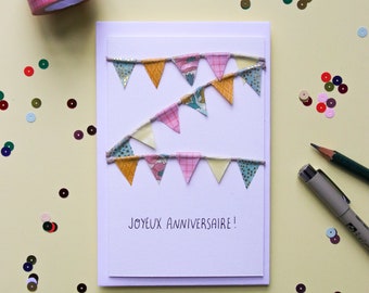 Carte postale double, message "Joyeux anniversaire", fanions en masking tape rose, vert et jaune