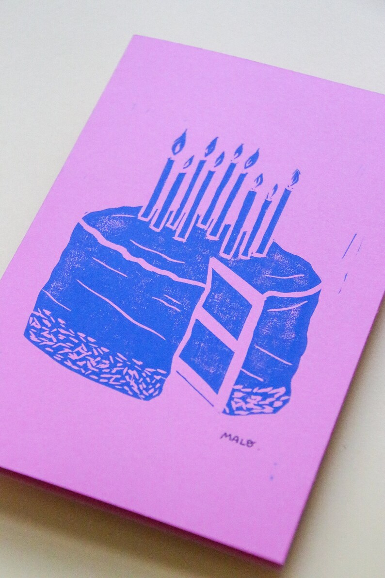 Carte postale double linogravure Gâteau d'anniversaire zdjęcie 2