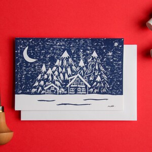 Carte postale simple linogravure "Paysage enneigé"