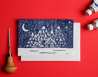 Carte postale simple linogravure "Paysage enneigé"