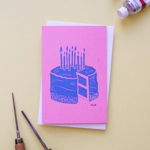 Double linocut postcard Birthday cake Pink