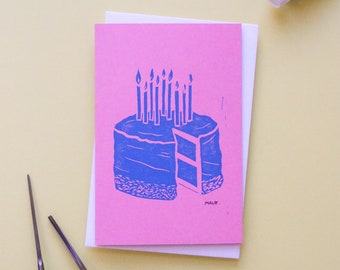 Carte postale double linogravure "Gâteau d'anniversaire"