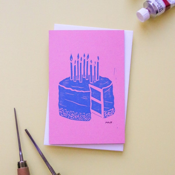 Carte postale double linogravure "Gâteau d'anniversaire"