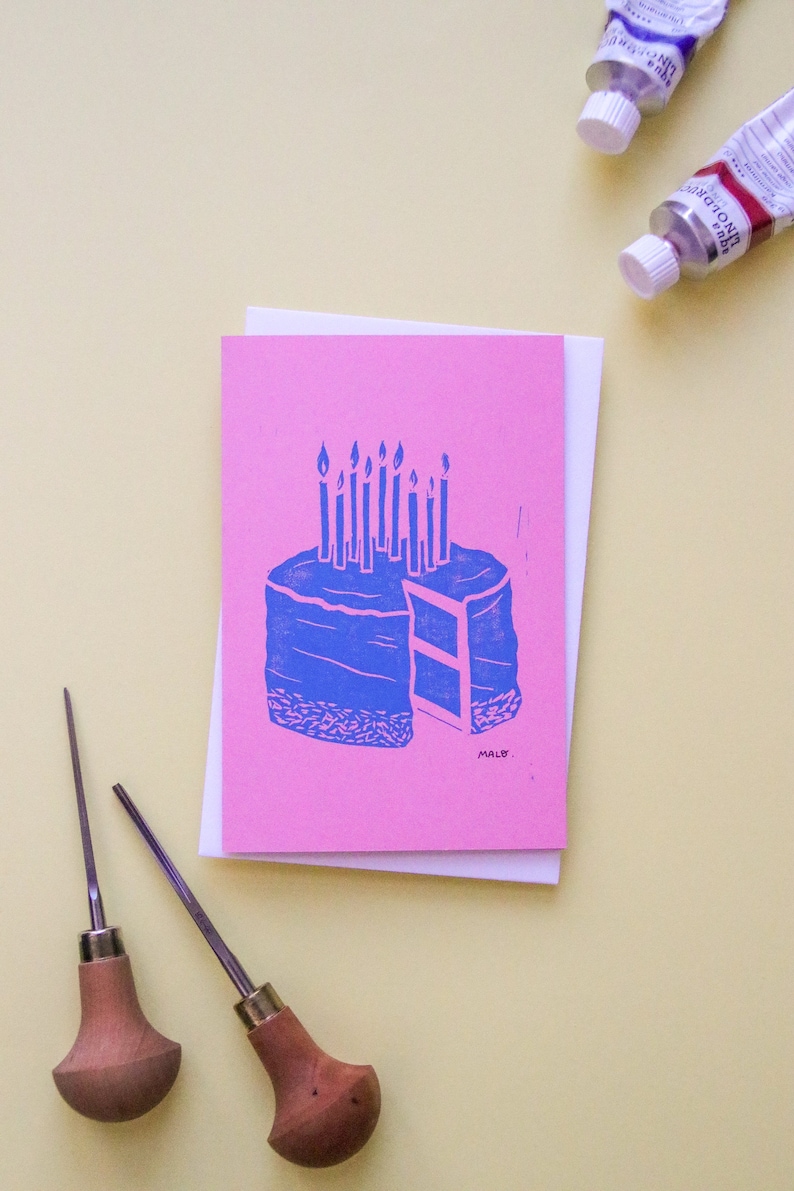 Carte postale double linogravure Gâteau d'anniversaire Różowy