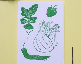 Linocut "Seasonal fruits and vegetables"