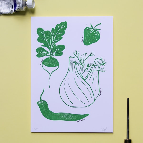 Linogravure "Fruits et légumes de saison"