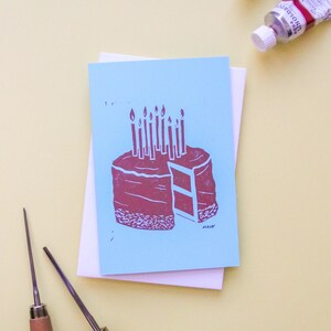 Double linocut postcard Birthday cake Blue