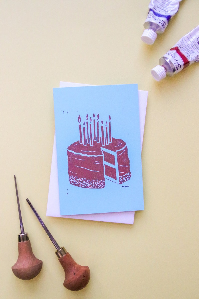 Double linocut postcard Birthday cake Blue