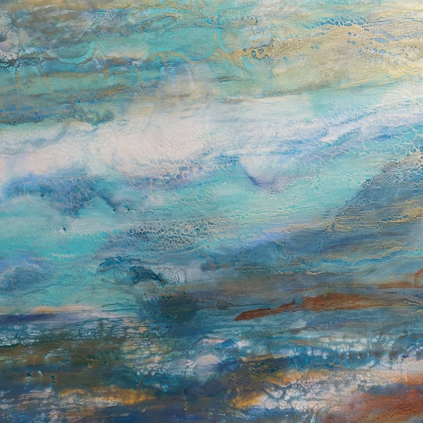 In the Bay - original handmade unique encaustic hot wax decorative abstract turquoise painting