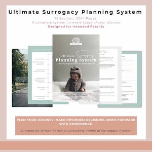 May include: A stack of informational guides titled "Ultimate Surrogacy Planning System." The cover features a baby in a hooded outfit. The text reads "A Step-by-Step Framework for Intended Parents." The guide is designed for intended parents.