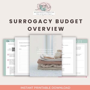 May include: A light-colored document titled "Surrogacy Budget Overview" with the Wilson Fertility Consulting logo. The image includes a stack of folded clothes and a QR code. The text "Instant Printable Download" is at the bottom.