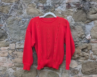 vintage années 80/90 pull rouge manches chauve-souris câble tricot printemps - bases