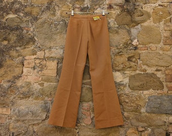 Vintage 70s FLARE DEADSTOCK tergal PANTS con etiqueta original, cintura alta, color marrón/naranja, pliegue central, sz 36 - hippie boho