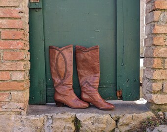 Vintage finales de los años 70 principios de los 80 BOTAS de vaquera artesanales cuero real, piel de serpiente inserto tacón bajo - marrón cobre - hecho en Italia sz 36/37