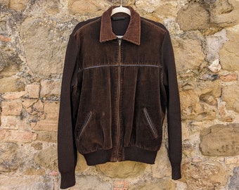 Vintage 90s cardigan/jacket in brown velvet & cotton by Dockey, leather details, unisex, front zip and pockets