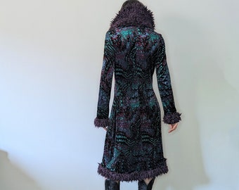 Betsey Johnson New York label late 90s/Y2k Afghan Penny Lane coat, fake fur,peacock psychedelic iridescent purple & green print/ hippie boho