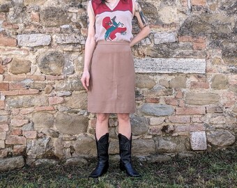 Falda midi vintage 80s/90s beige, hecha a mano, lana fresca, corte recto con abertura trasera