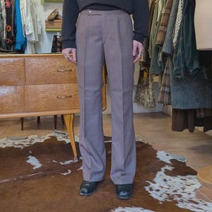 Vintage flared broek uit de jaren 70, model Prince of Wales, medium taille, unisex, bruin/roze tint, wolmix, Trevira fabrics.