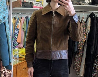 Vintage late 60s early 70s crop genuine suede and leather jacket chocolate brown pointed collar metal zip with round slider size S/M