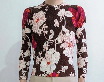 Vintage 60s/70s algodón tricot 3/4 mangas top marrón con estampado de flores psicodélicas fucsia y blanco de Icap Tricot Couture