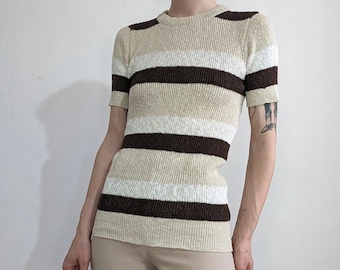 Deadstock vintage de los años 70 con etiqueta original top de algodón de manga corta de Saint Pierre tricot de luxe rayas blancas marrones y beige