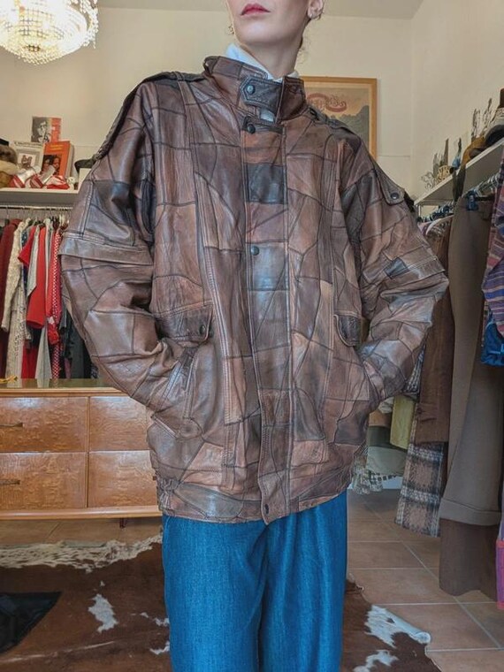 Vintage 90s marble effect patchwork leather bombe… - image 2