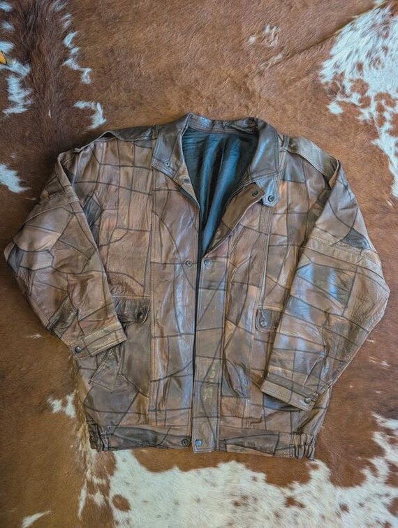 Vintage 90s marble effect patchwork leather bombe… - image 4