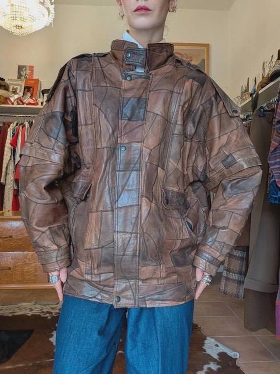 Vintage 90s marble effect patchwork leather bombe… - image 1