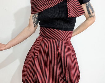 vintage 80s big bow top + balloon skirt burgundy & black stripes 100% silk by Vizio Diffusione Lara made in Italy Vivienne Westwood style