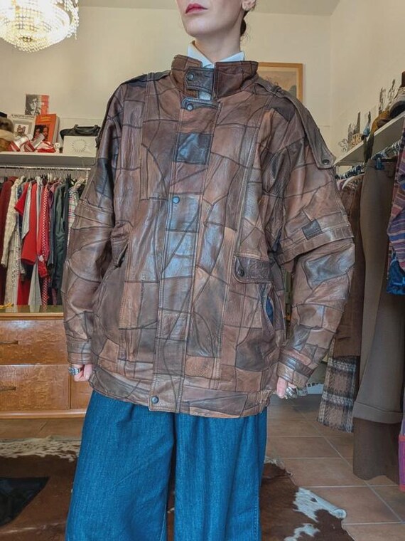 Vintage 90s marble effect patchwork leather bombe… - image 3