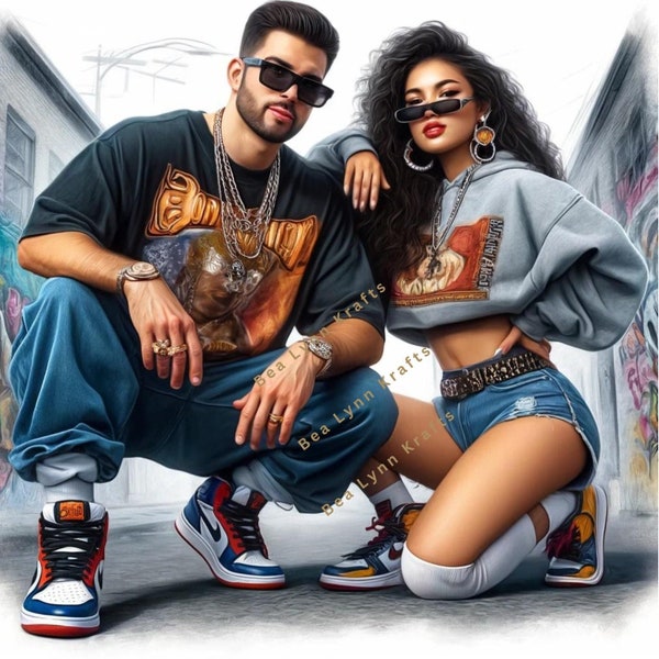Urban Chic: Hip-Hop Style Hispanic Couple in Graffiti Backdrop Transparent PNG, Sublimation Digital Design, Hip Hop Art, Wall Decor