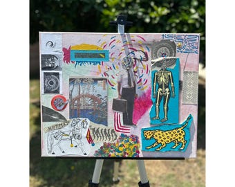 Anpassad blandteknik collagekonst texturerad 3D 17x21 flerfärgad surrealistisk 1 av 1