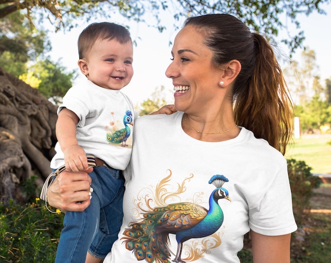 Colorful Peacock, White or black T-shirt, Family Matching Outfit, Parent-Child Outfits, Matching T-shirt, bodysuit, baby, gift