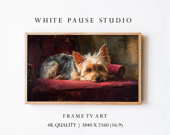 Yorkie Dog Vintage Oil Painting for Samsung Frame TV, Impressionist Art, Pet Lover Decor