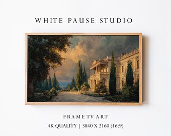 Vintage European Estate Frame TV Art, Classic Oil Painting Landscape, Italian Villa Decor