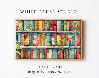 Cozy Watercolor Bookshelf with Birds Art for Samsung Frame TV 4K Digital Download