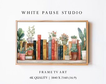 Cozy Watercolor Bookshelf and Succulents Art for Samsung Frame TV 4K Digital Download