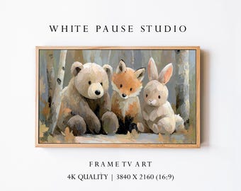 Woodland Nursery Animals Art, Bear Fox Bunny Wall Decor, Neutral Kids (4K Digital Download)