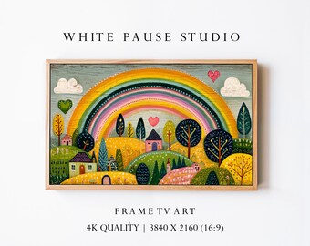 Rainbow Folk Art Frame TV Art, Whimsical Landscape 4K Samsung JPG