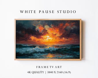 Dramatic Ocean Sunset Frame TV Art, Stormy Seascape Painting JPG for Samsung The Frame