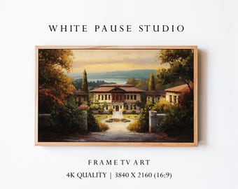 Vintage Mansion Oil Painting for Samsung Frame TV, Impressionist Estate Art, Autumn Decor