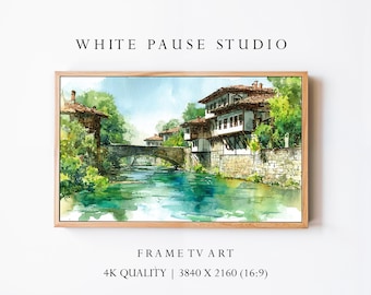 Traditional Watercolor River Village Art for Samsung Frame TV 4K Digital Download